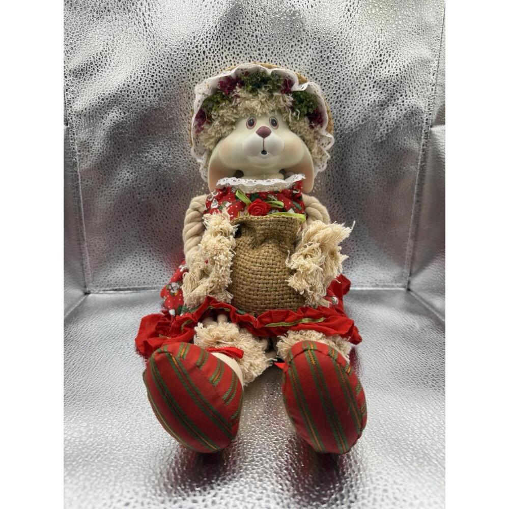 Plush 16" Porcelain Head Bunny Rabbit Doll in Red Dress